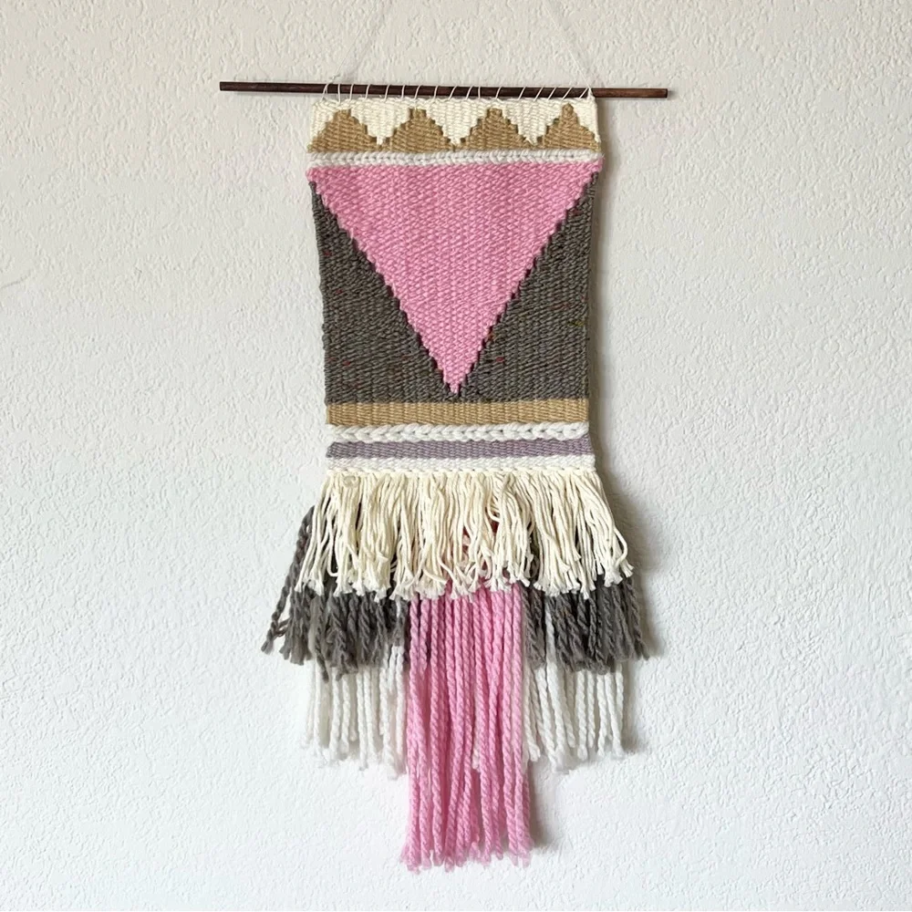 Handmade yarn woven textile tapestry wall hanging